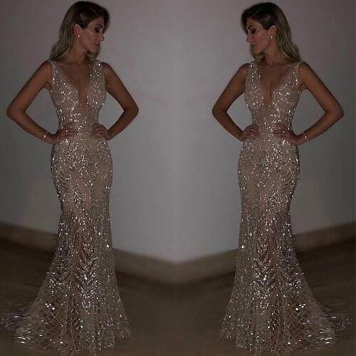 Elegant Women 2018 New Maxi Evening Party Shiny Sequin Long Dress Backless Sleeveless Sexy See Through Mesh Dress Plus Size
