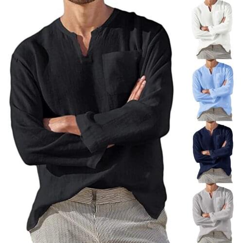 Casual t shirt for Men Solid Color Long Sleeve T-shirts Men Loose Tees V Neck Cotton Linen T-shirt Top pullover mens Clothing