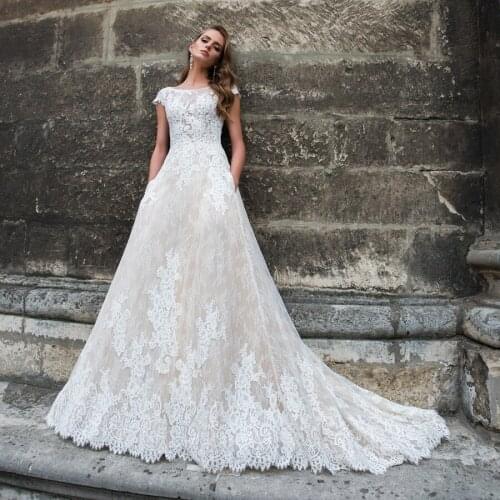 High Neck Applique Lace See Through Champagne Wedding Dress with Pocket with Court Train Bridal Gowns robe de mariee boheme