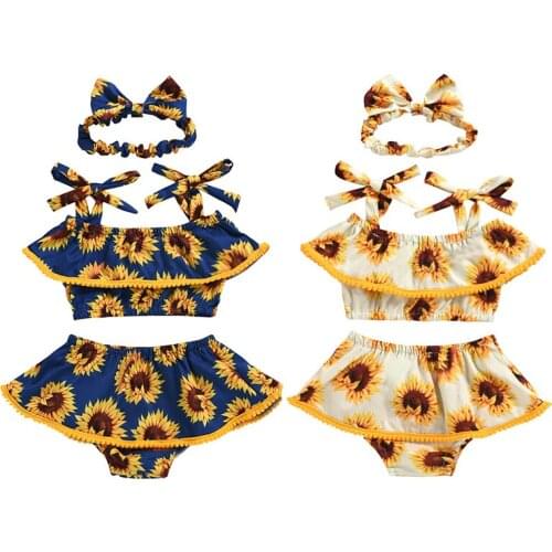 3pcs Kids Baby Girl Summer Clothes Sunflowers Ruffle Tank Crop Top Vest Shorts Pants Headband Outfits Set 0-24M