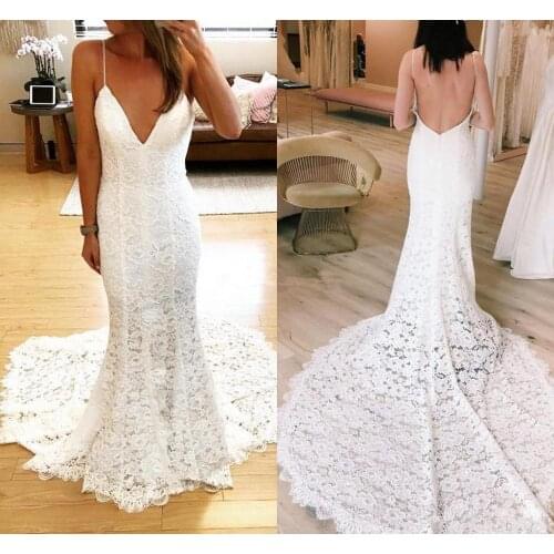 Charming Mermaid Lace Wedding Dresses 2021 Deep V-Neck Backless Sweep Train Castle Chapel Bridal Gown Gorgeous Vestidoe De Noiva