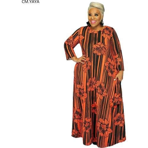 CM.YAYA Autumn Floral Striped Print O-neck Long Sleeve Plus Size XL-5XL Women Maxi Dress Vestidos Vintage Slim Long Dresses