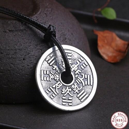 S925 Sterling Silver colour Bagua Gossip Pendant Necklace Women Men Retro Antique Matt Amulet Rope Necklace Feng Shui Jewelry