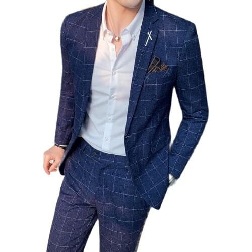 Jacket + Pants ) High-end Formal Business Social Office Mens Slim Suit 2pces Set Stripes & Plaid Groom Wedding Dress Male Suit