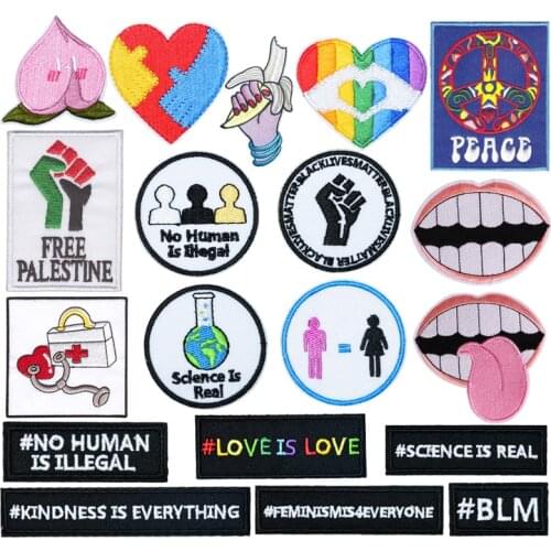 Prajna Hippie letter Stripes Cartoon Embroidery Patches For Clothing DIY Iron On Patches On Clothes Feminist Patch Custom Patch