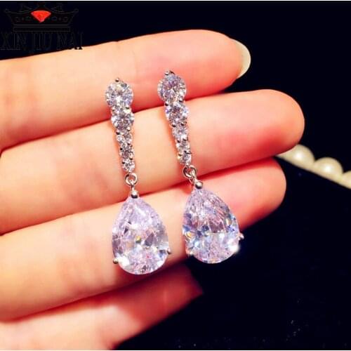 Fashion Female Crystal Water Super shiny Earrings CZ Rhod White Stone Earrings Boho Wedding Jewelry Long Earrings