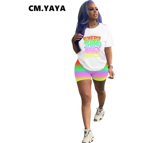 CM.YAYA Women Set Tracksuit Gradient Letter Print Tops Sheath Elastic Shorts 2 Two Piece Set Sporty Sweatsuit Summer Outfit 2021