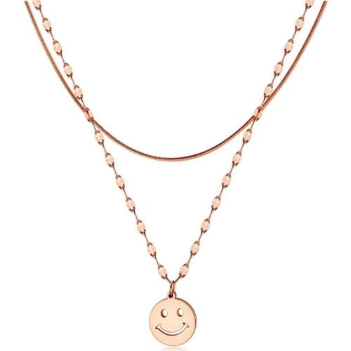 Trendy Stainless Steel Smiling face Pendant Necklace Charm Rose Gold Double Chain collar Jewelry Gift