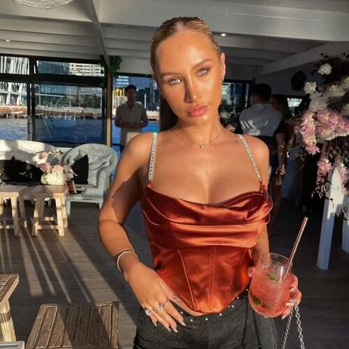 Crystal Diamante Cropped Bustier Cami Top Stacked Satin with Full Lined Women Sexy Club Wear Outfits Corset Tops