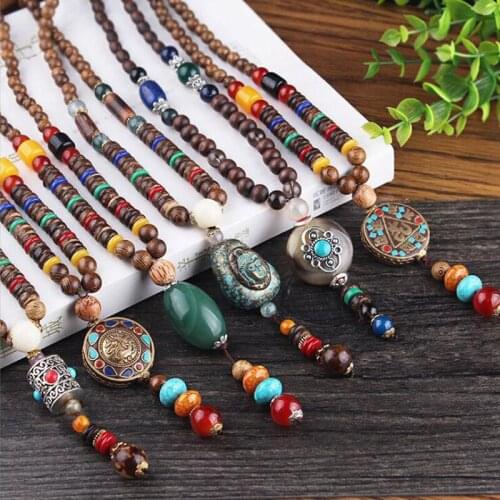 Vintage Ethnic Triangle Nepal Buddhist Mala Necklace Fish Wood Beads Statement Necklaces Buddha Pendants Necklace Women men