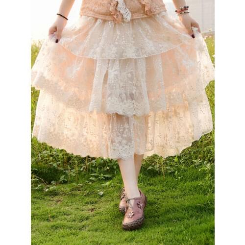 Summer Women Japanese Embroidered Lace Cake Skirt Elastic Waist Mori Girl Sweet Long Skirt Kawaii Lolita Party Skirt Hippie Boho