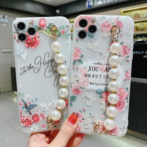 Pearl Wrist Chian Phone Case for Samsung Galaxy Note20 Ultra Note10 Plus Note8 9 Floral Soft Frosted Back Cover with Bracelet