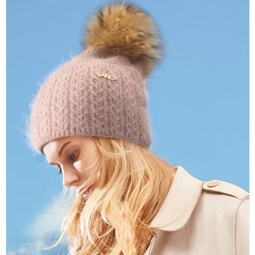 Xthree Winter Knitted Hat With Lining Angola Beanies With Real Pom Poms Skullies Hat for Women Girls Hat Feminino