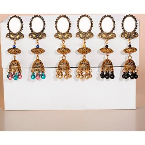 Womens Vintage Afghan Flower Long Gold Alloy Bollywood Earrings Ethnic Mirror Oxidized Jhumki Earrings