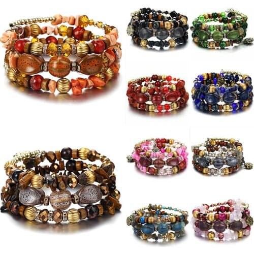 Pendant Boho Bracelet Women Stone Chain Bead Natural Charm Tassel Multilayer Set