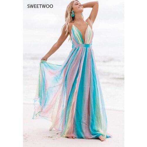 2021 Spring and Summer New Sling Sexy Beach Deep V Rainbow Mesh Long Dress Sling Dress