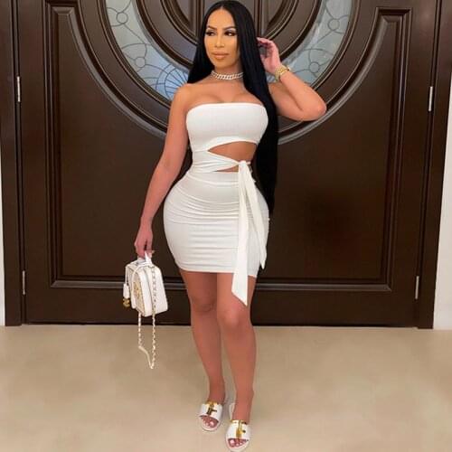 Sexy Cut Out Mini Party Summer Dress Women Club Wear Sheath Bow Tie Waist Strapless Bandage Bodycon Dress Elegant Robe Longue