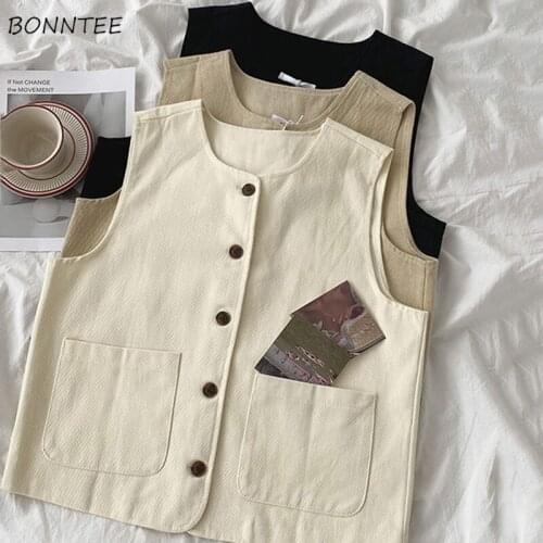 Vests Women Loose Casual Cropped Solid O-Neck Leisure Spring Autumn Soft Normcore Style All-match High Quality Single Breasted