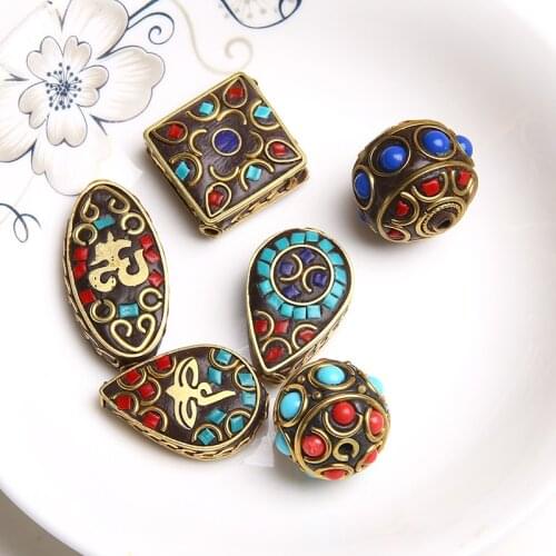 10pcs Retro Nepal Beads Handmade Red Coral Tibetan Clay Mosaic Letter Bead Antique Golden For Jewelry Making DIY Bracelets