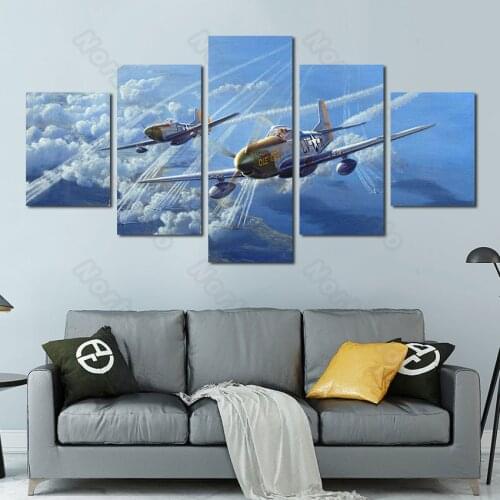 5 Pieces Hd Printed Canvas Painting Poster Print Blue Sky and Beautiful Clouds Two Flying Planes for Home Rooms Wall Decoration