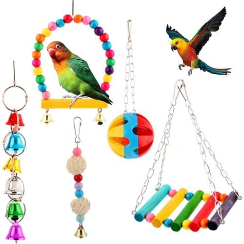 5Pcs Rattan Ball Swing Bell Perch Parrot Play Toy Pet Bird Cage Hanging Decor Parrot set toy, bite toy, bird toy