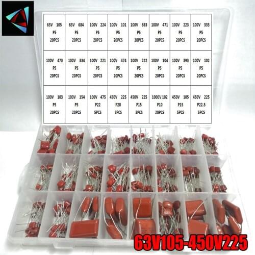 63V105-450V225 401Pcs/Box 24 Types 10NF-68NF 63V 100V 450V 1000V CBB Metal Film Capacitors Assortment Kit