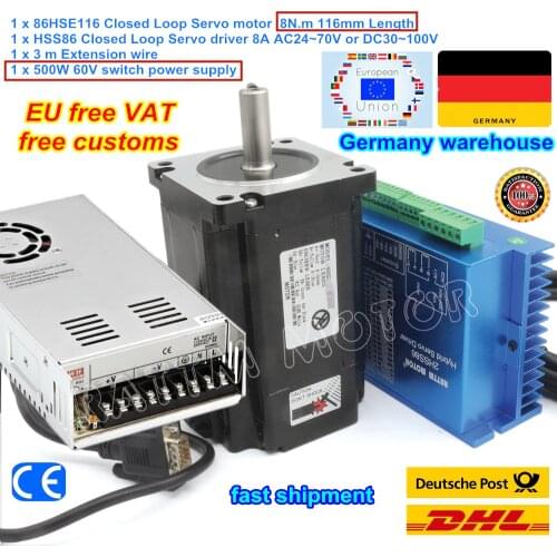 DE Nema 34 8N.m 1230oz-in Closed Loop Servo motor 6A 2-Phase & HSS86 Hybrid Stepper Motor Driver & 500W 60V Power Supply CNC Kit
