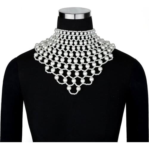 Elegant Women ABS Pearl Shawl Necklace Clavicle Chain Hand Woven Retro Beaded Sweater Chain Banquet Wedding Dress Accessories