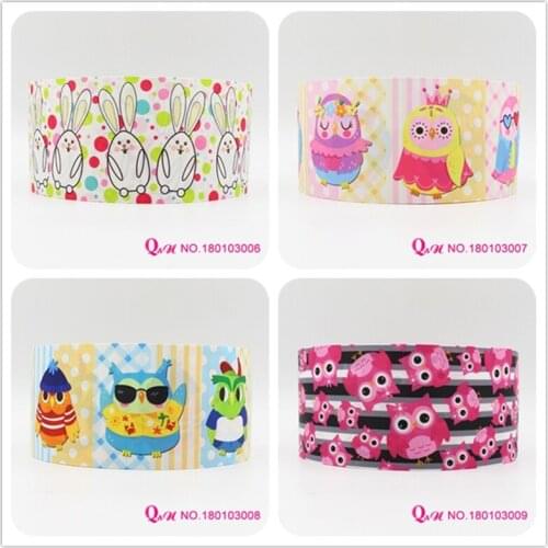 Q&N ribbon 16mm 22mm 25mm 38mm 50mm 75mm owl rabbit printed grosgrain ribbon webbing 50yards/roll for hair tie