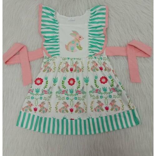 Hot sell toddler girl Easter Day dress girl rabbit printed twirl dress pink color belt for the dress