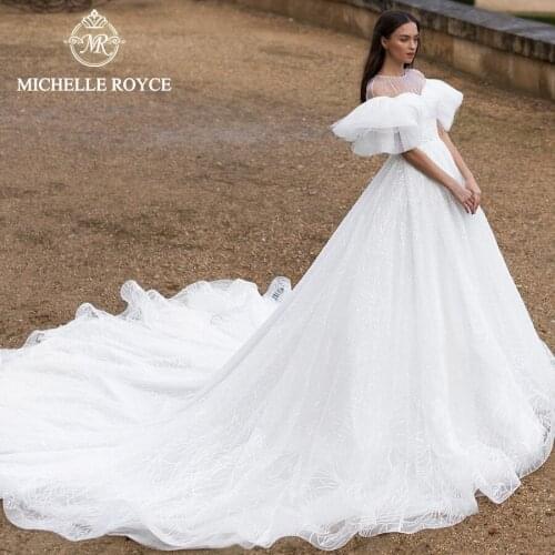 Michelle Royce A-Ling Wedding Dresses 2021 Sexy Scoop Batwing Sleeve Illusion Zipper Royal Train Bridal Gowns Vestido De Noiva