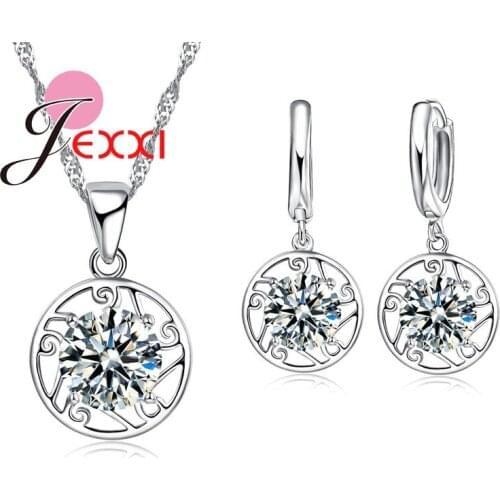 Round Hollow Design Jewelry Set Shiny AAA+ Austrian Crystal Necklaces/Earring/Pendant 925 Sterling Silver Decoration
