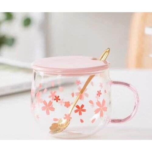 New Japan Style Glass Coffee Mug Cute Pink Kawaii Drinkware Milk Cup Kitchen Office Delicate Spoon with Lid Cherry Blossom Mug
