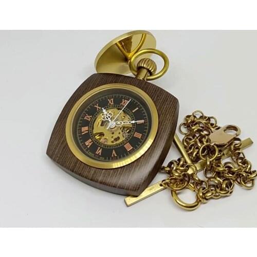 New Arrival Square Wood Case Mechanical Pocket Watches Hand Wind Black Roman Dial Pocket Watch Vintage Gift Watches with Chain