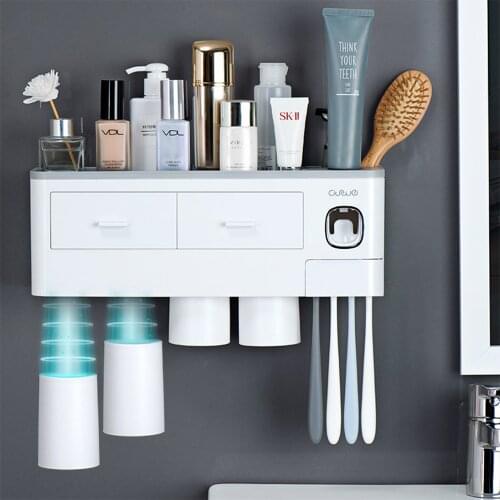 New style wall-mounted cosmetic storage rack bathroom accessories set with cup, toothbrush holder automatic toothpaste dispenser