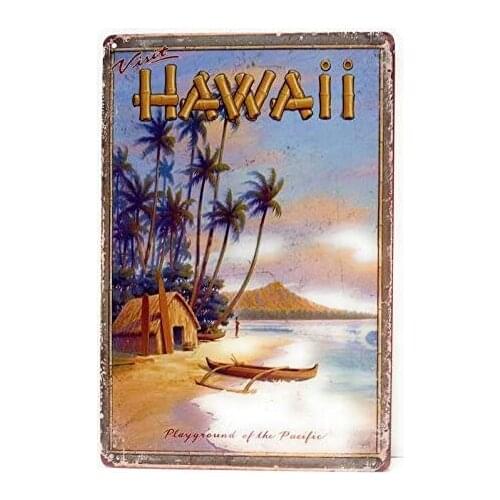 Visit Hawaii Playground of the Pacific Tin Sign, Beach Sign, Hawaiian Sign, Vintage Sign, Hawaii Wall Art