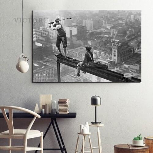 Golf On a Skyscraper Poster Black White Retro Picture Tee Time Golf New York City Wall Art Canvas Painting for Living Room Decor