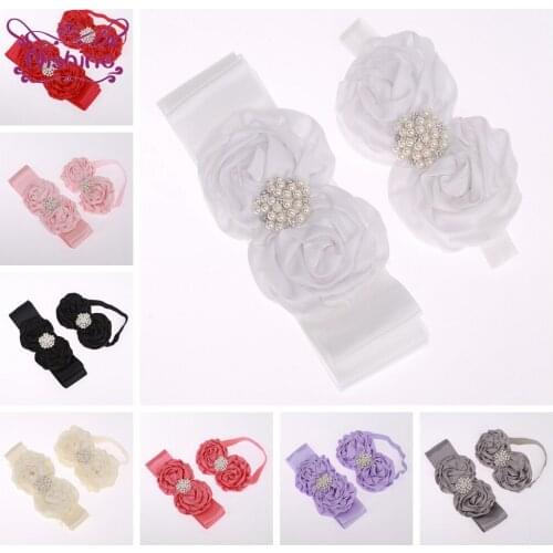 Nishine Solid Color Matte Satin Flower Sash and Headband Set Boutique Pearls Floral Women Belts Adjustable Maternity Waistband