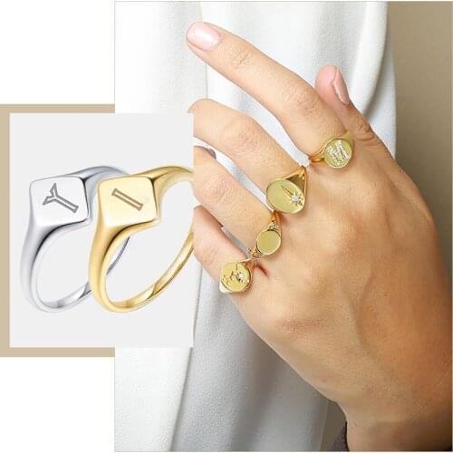 Simple Custom Engrave Signet Rings for Women,Chic Geometric Initial Letter Stamp Finger Bands,Anti Allergy Stainless Steel Gift