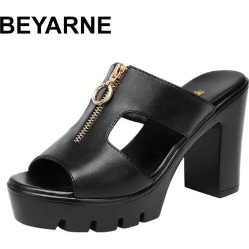 CEYANEAO Plus Size 32-43 High Heels Slippers Women Platform Shoes Summer 2021 Block Heel Leather Slides Ladies Office Slippers