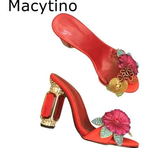 Crystal Flower High Heel Slippers Newest Deep Toe Crystal Chunky Heel Sweet Summer Sandal Woman Outwear Mules