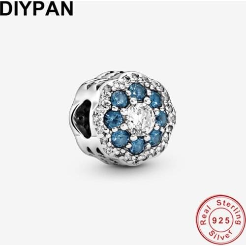 Fit Pandora Original Bracelet Charm 100% 925 Sterling Silver Blue Sparkle Flower Pendant Charm Women Jewelry Berloque