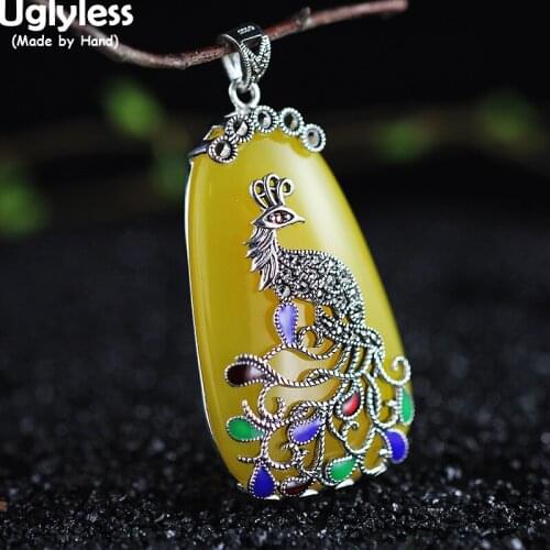 Uglyless Colorful Enamel Beautiful Peacock Pendants Necklaces NO Chain for Women 925 Silver Phoenix Animals Necklaces Chalcedony