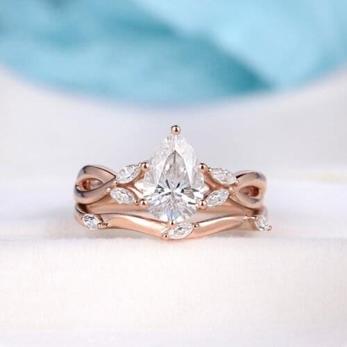 Veryins 14K Rose Gold 1.5ct D Color 6*9mm Pear Cut Moissanite Bridal Ring Set for Women Wedding