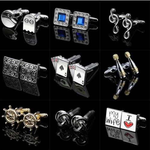 1Pair Cufflinks for Mens Luxury Blue Crystal Men Cufflink Pacman Knots Poker French Cuff Links Collar Pin Wedding Suit Jewelry