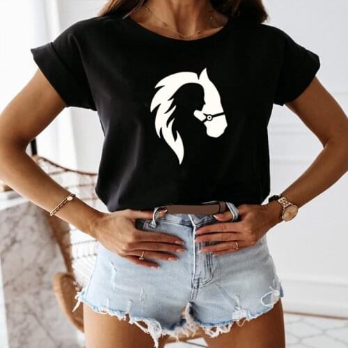 Summer Silhouette of Girl and Horse Graphics Women T-shirt Aesthetic Pattern Cotton Tshirt Woman Top White Casual Loose Tee