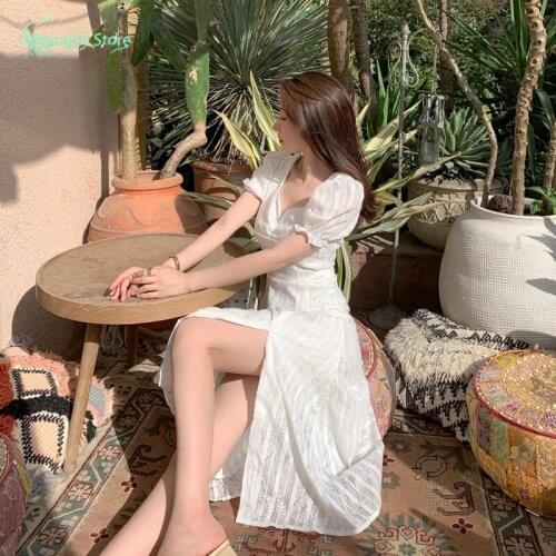 Summer 2021 Womens Clothing Korean Fashion Harajuku Elegant White Long Dress Vintage Cotagecore Casual Sukienka