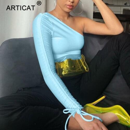 Articat Sexy Bodycon Drawstring Crop Top Women Long One Sleeve Solid Skinny Club Party T-shirt Female Casual One Shoulder Top