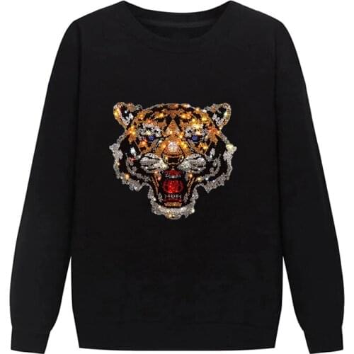 Winter Mens Hoodie High Quality Pure Cotton O-Neck Party Hoody Plus Size Hot Diamond Tiger Glowing Rhinestone H365