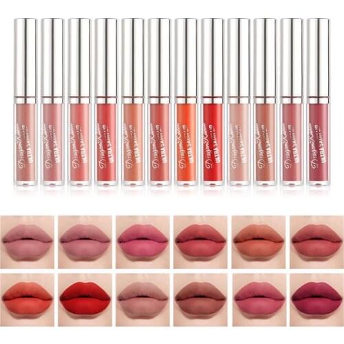 1 Set 12 x 2ml Matte Liquid Lipstick Kit Long-lasting Vibrant Color Cosmetics 12 Colors Non-Stick Cup Lip Gloss Set Makeup